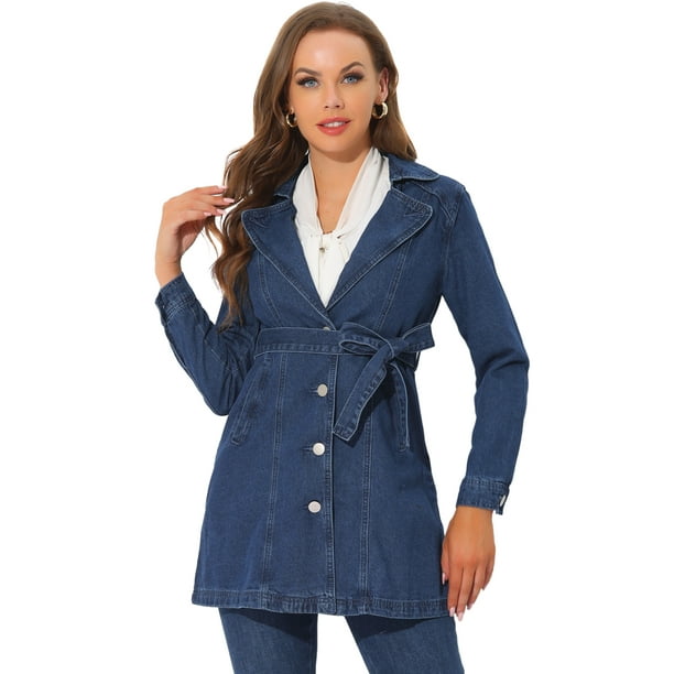 Chaqueta Vaquera Allegra K Larga Con Cinturón Y Solapa Para Mujer Azul XS
