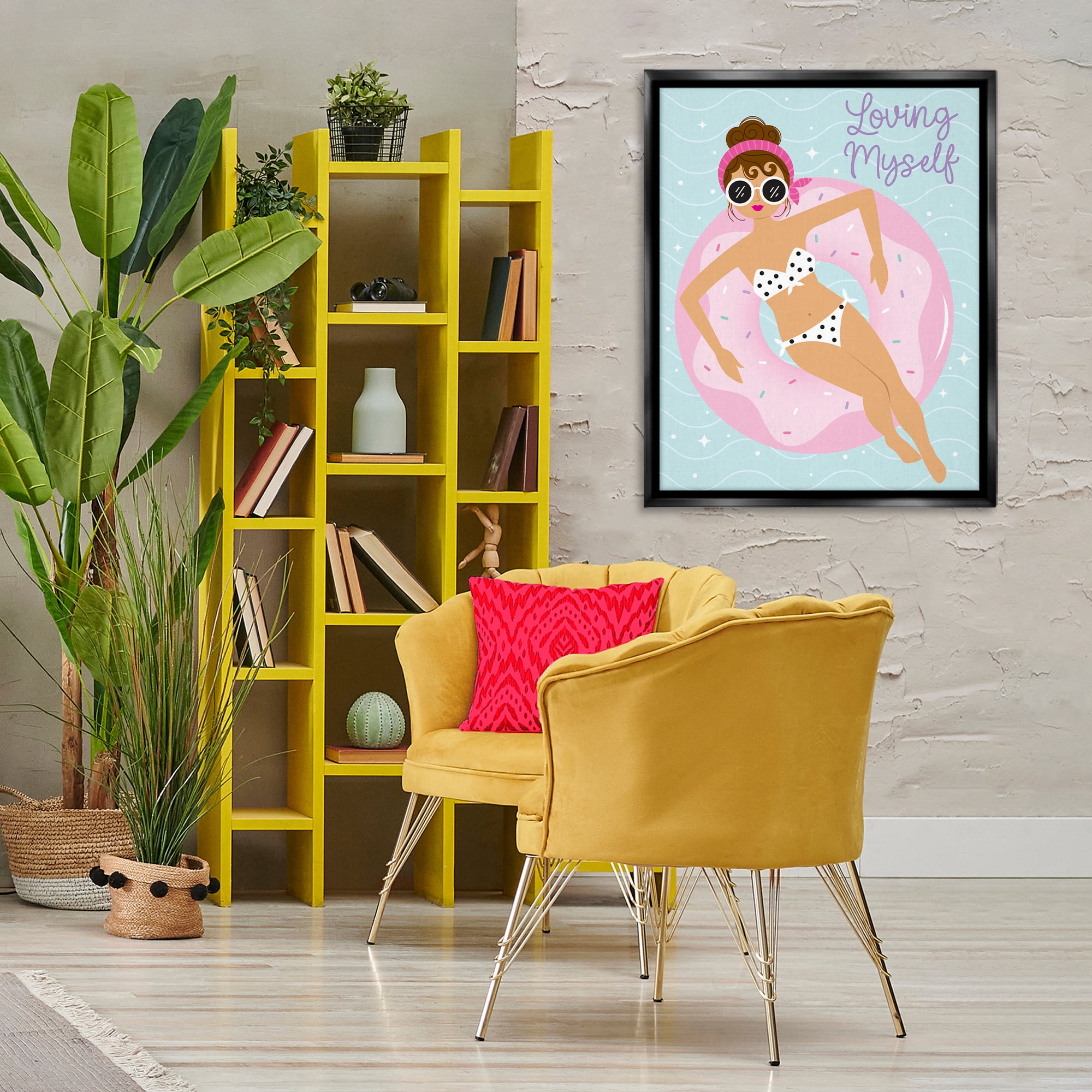 Stupell Industries Loving Myself Girl in Pool People Painting Black Floater Framed Canvas Art Print Wall Art, 25 x 31