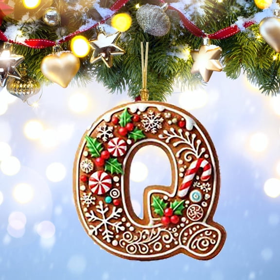 Personalized Christmas Letter Q Ornament, DIY Gingerbread Acrylic Alphabet Decoration with Holly and Candy Cane, Hanging Tree Gift Tag for Party