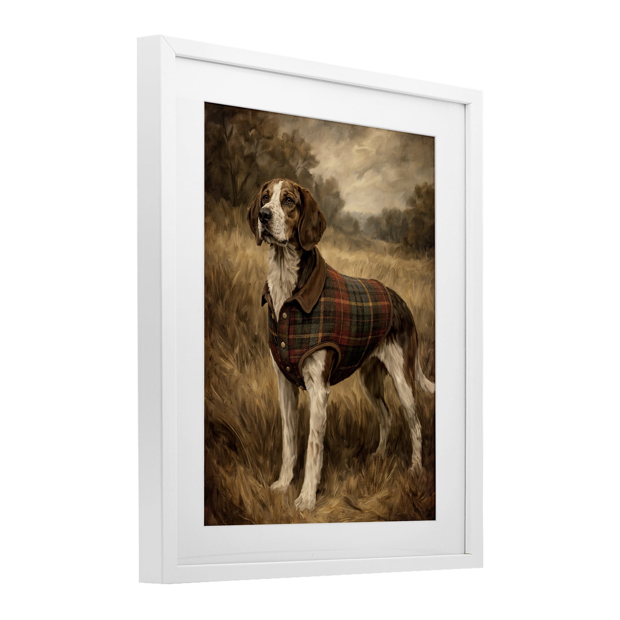 Stupell Industries Hunting Days Plaid Jacket Hound White Framed Print Under Glass, design by Kim Allen