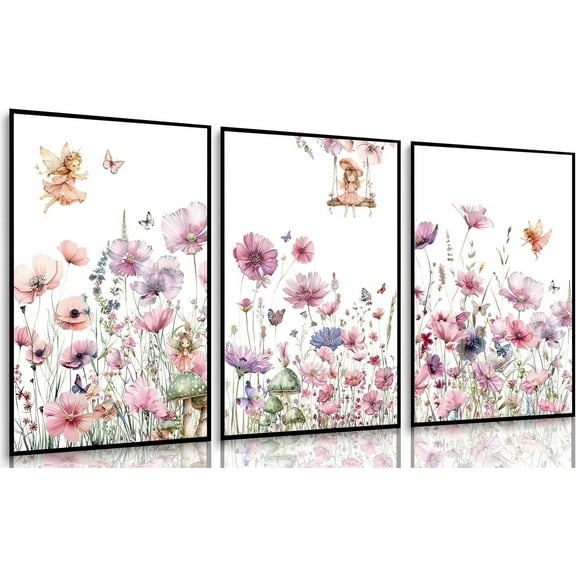 3Pcs Cute bunny Canvas Wall Art Colorful wildflowers Posters Prints Bunny Nursery Wall Decor Pictures Pink Baby Inspirational Animal Paintings for Baby Girl Room Bedroom Hone Decoration
