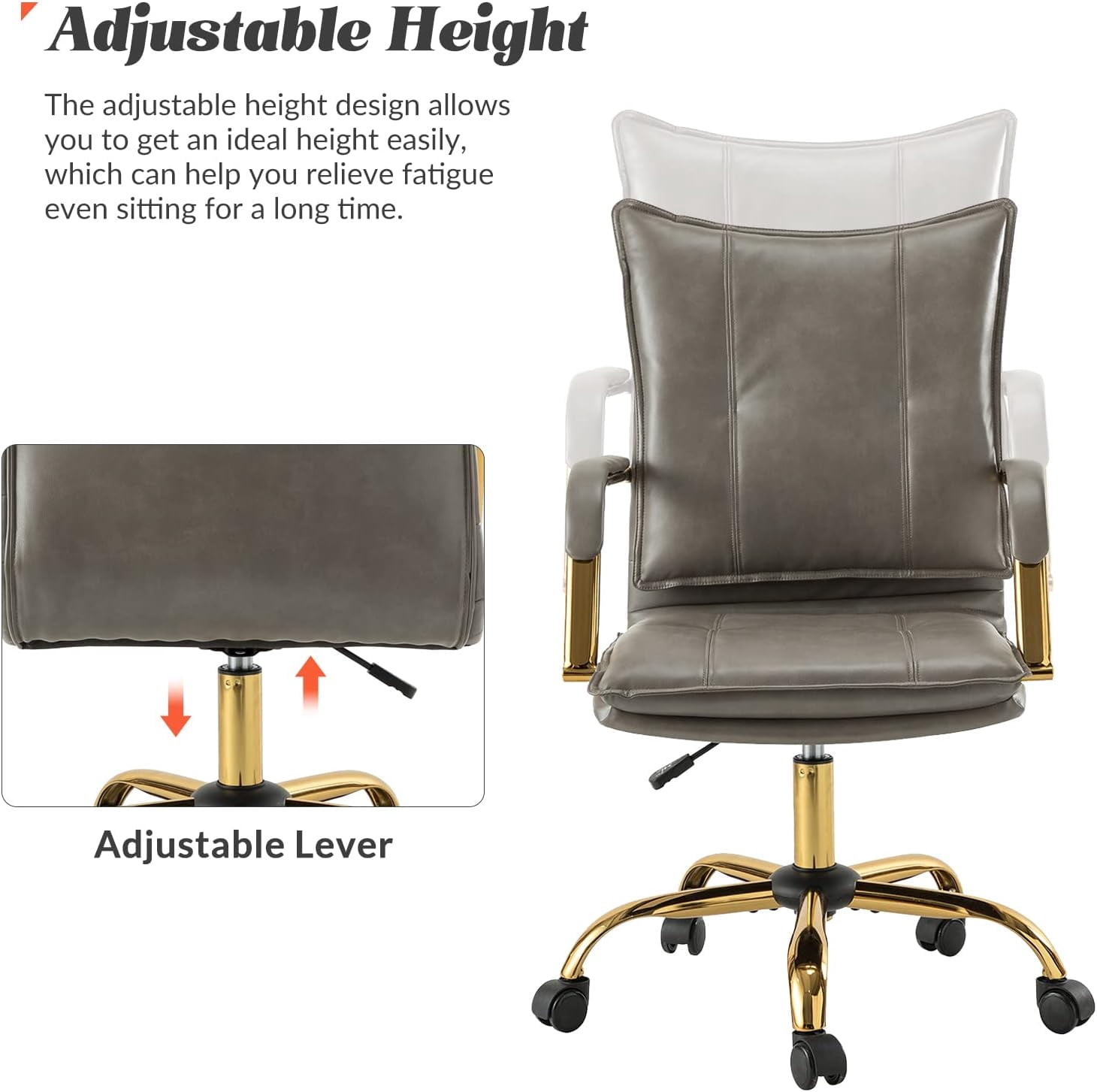 Faux Leather Office Chair Adjustable Swivel Desk Chair with Golden Legs and Arms Upholstered, Grey