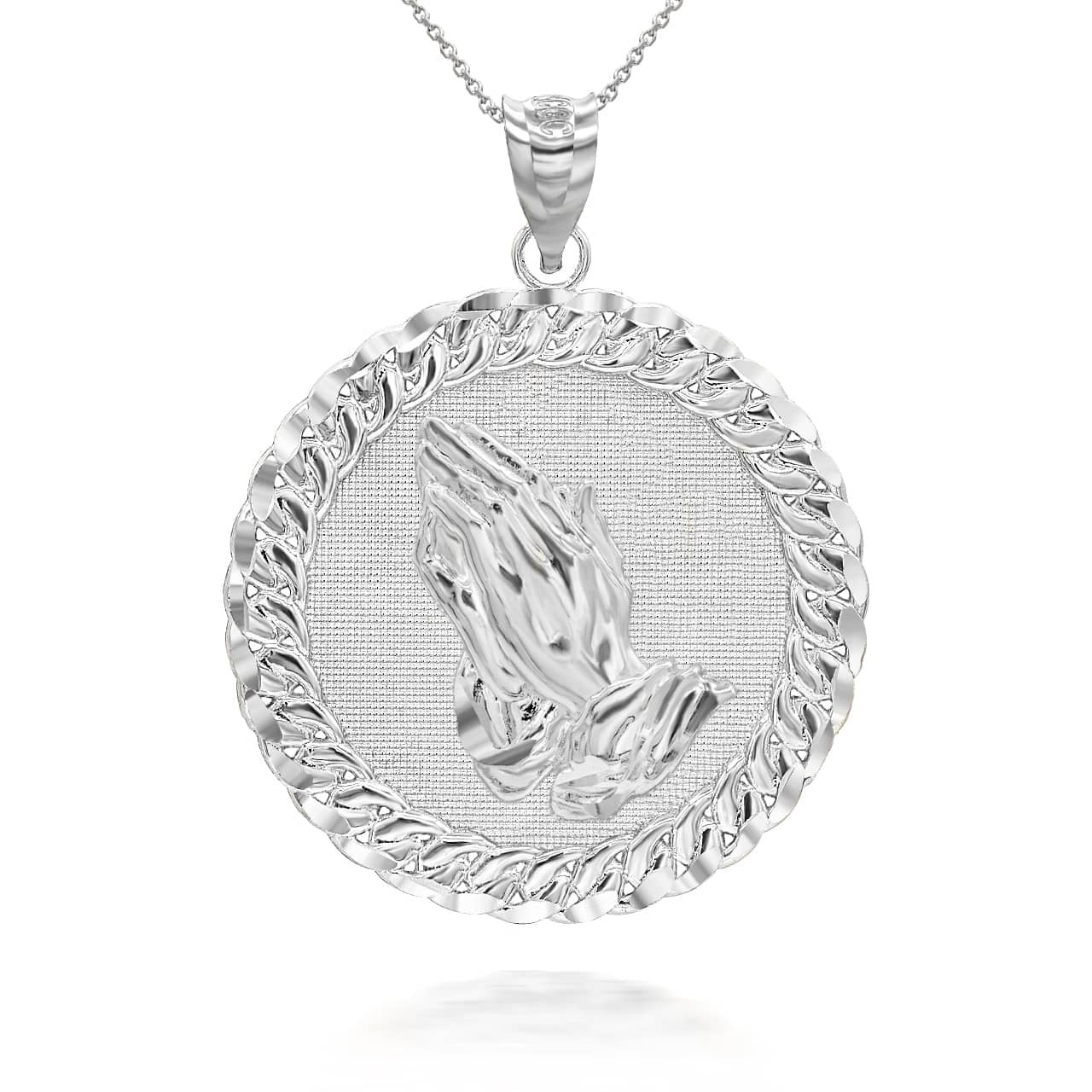 925 Sterling Silver Cuban Framed Praying Hands Medallion Circle Pendant Necklace (16 Inches)