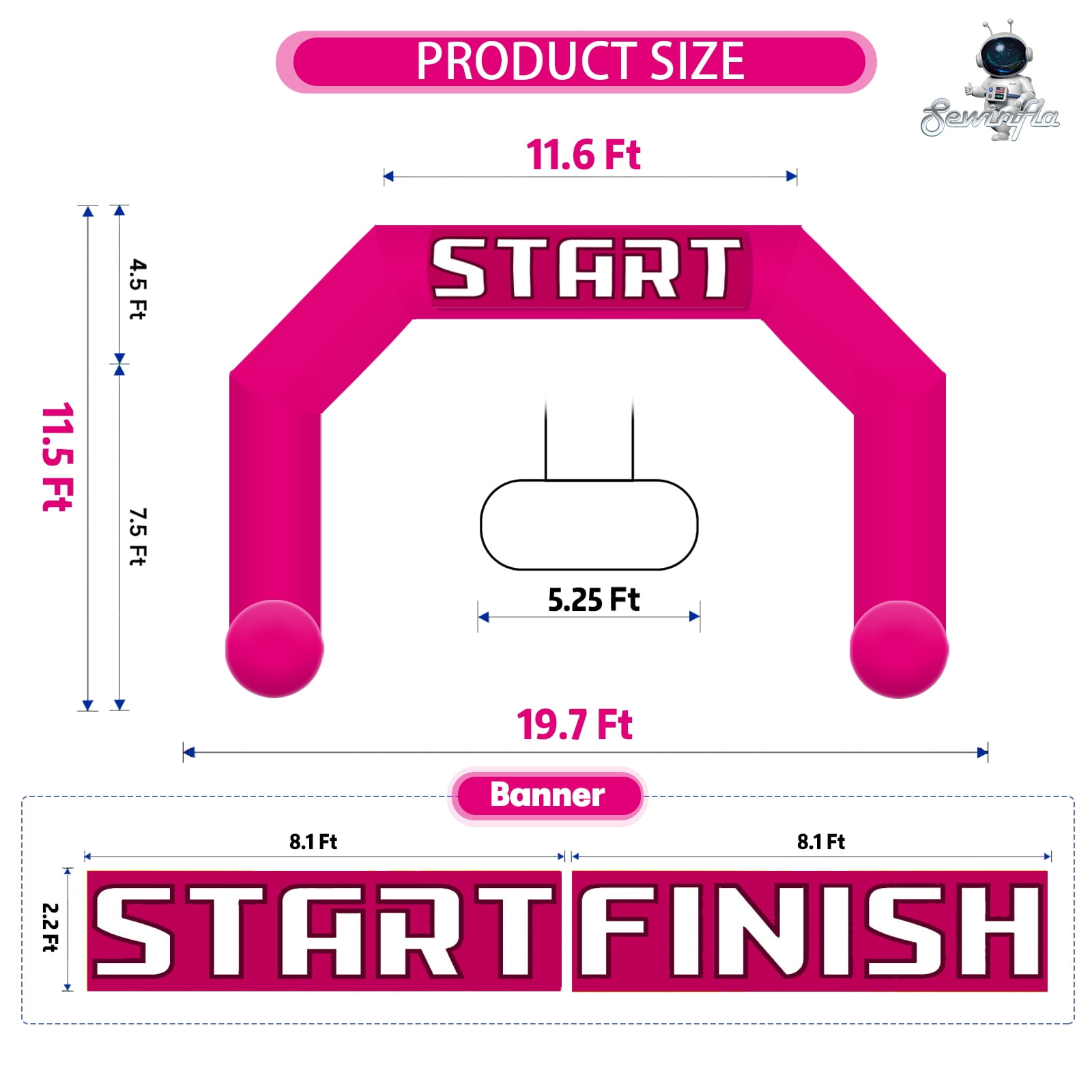 Sewinfla 20ft Inflatable Arch Pink with Start Finish Line Banners and