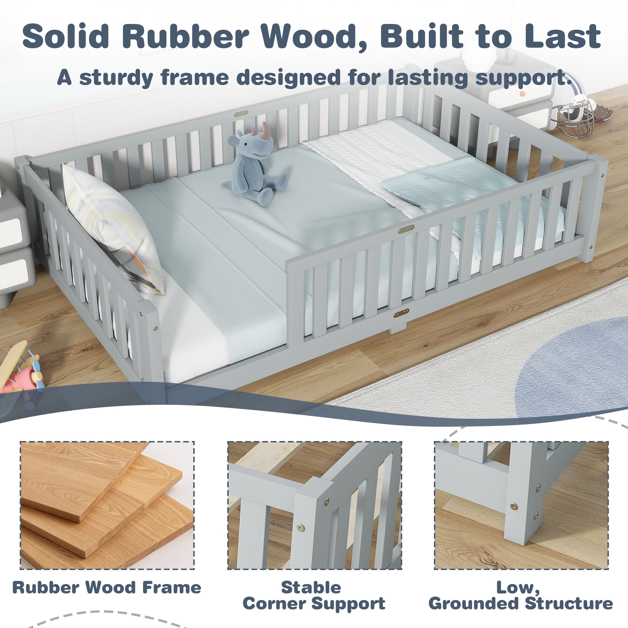 Sesslife Twin Montessori Floor Bed, Wood Twin Size Floor Bed Frame with Safety Guardrails and Slats, Low Profile Toddler Bed for Kids Boys and Girls, No Box Spring Needed, Grey