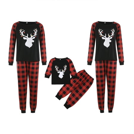 

2 Pcs Christmas Pajamas Parent-child Dress Set Round Neck Long Sleeve Elk Print Pullover Loose Plaid Trousers Daily Life