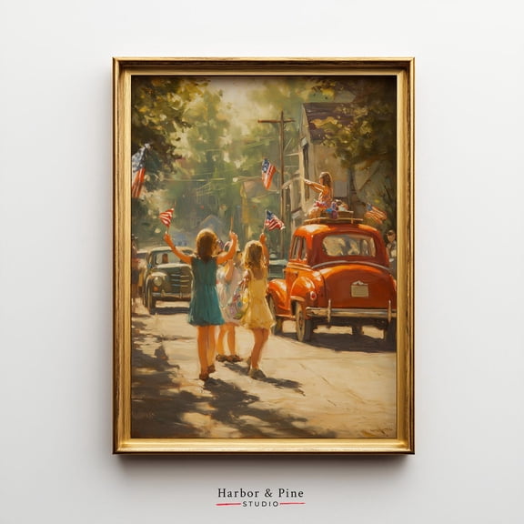 Americana Fourth of July Parade Vintage Town Scene, Unframed Paper Poster 8x10in