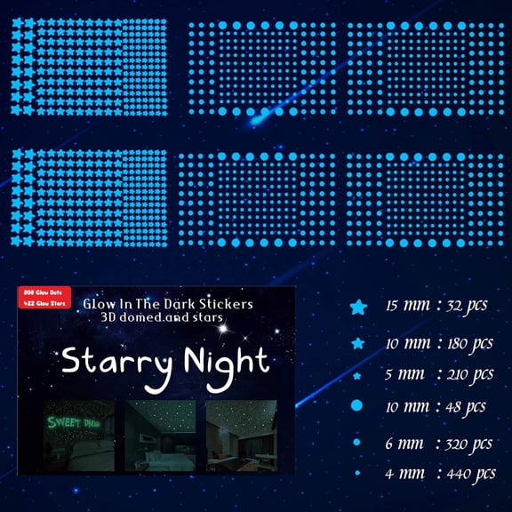 Neasyth 1230 Pcs Glow in The Dark Stars for Ceiling Wall Stickers, 3D Adhesive Dots Blue Starry Sky Decor for Bedroom