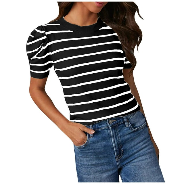 Birdeem Hauts en Tricot à Manches Courtes Bouffantes pour Femmes T-Shirts à Col Rond Rayés Tendance Blouses d'Été Décontractées