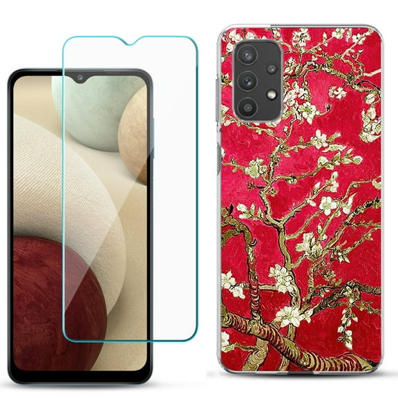 Slim-Fit TPU Phone Case compatible with Samsung Galaxy A32 5G, with Tempered Glass Screen Protector, by OneToughShield ® - Almond Blossom Red