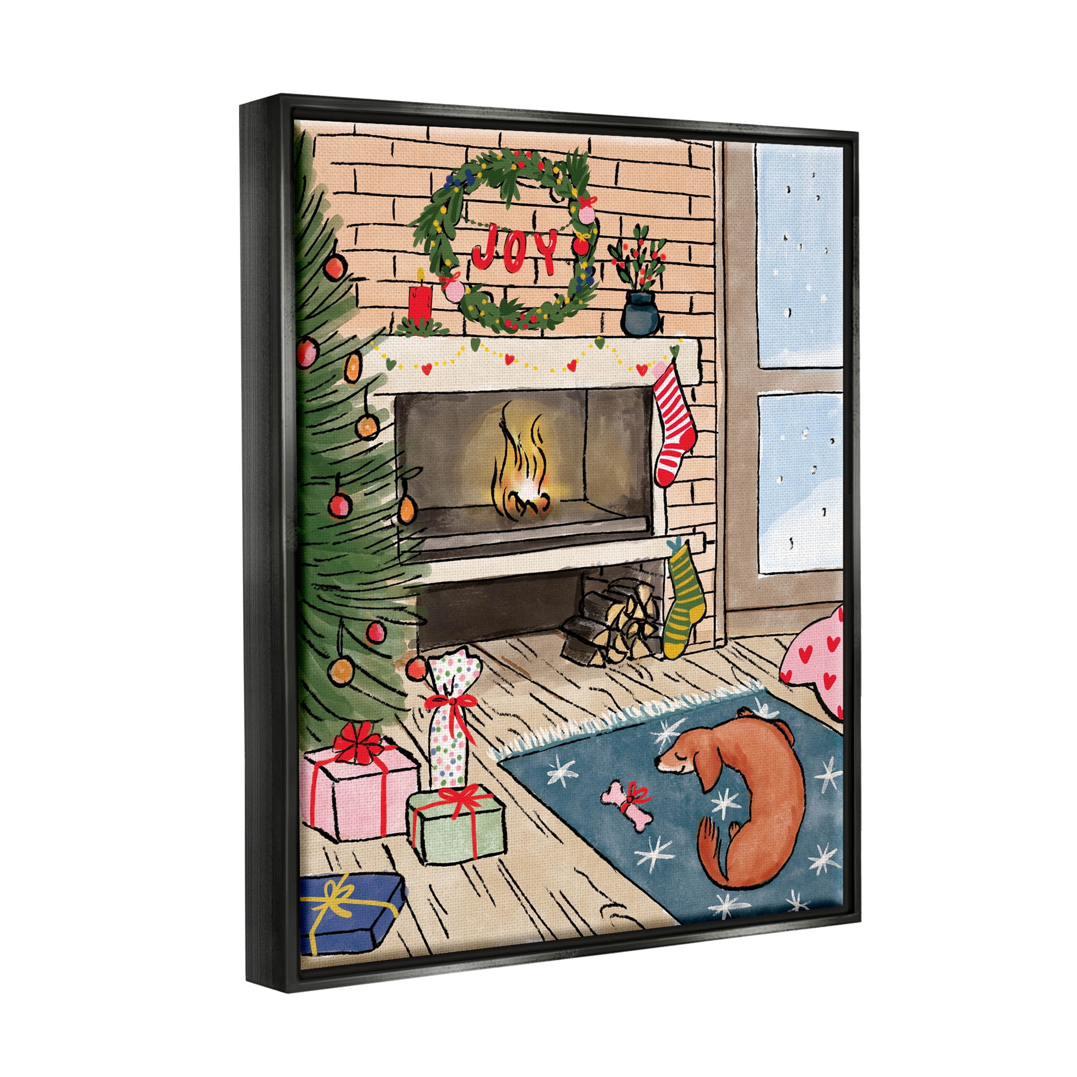 Cozy Christmas Fireplace Tree Holiday Graphic Art Jet Black Framed Art Print Wall Art