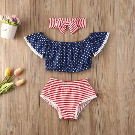 

independence day 6M-3Years Summer Infant Baby Girls Clothes Sets 3pcs Off Shoulder Ruffles Sleeve T Shirts Tops+Shorts+Headband
