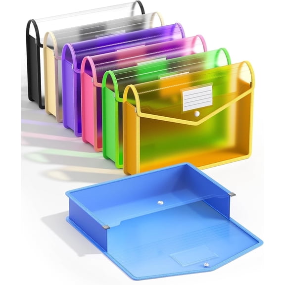 7 Pack Plastic Expanding File Folder Transparent Envelopes with Snap Closure, No Dividers, Large Capacity, Assorted Colors, Fit Letter/A4 Size for School/Office/Home