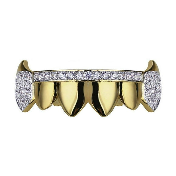 TOPGRILLZ 14K Gold Plated Iced Out CZ Top and Bottom Vampire Fangs Grillz for Your Teeth Hip Hop Gold Bottom