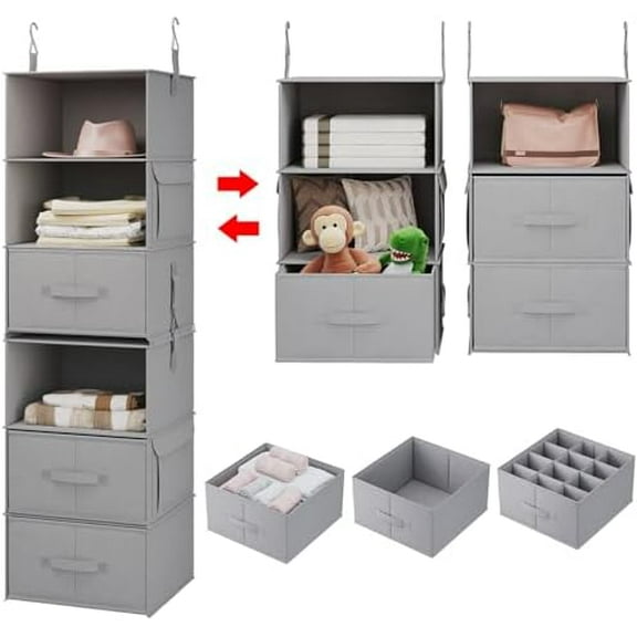 6-Shelf Hanging Closet Organizer, 2 Separable 3-Shelf Hanging Shelves with 3 Drawers for Wardrobe, Nursery, Baby Clothes Organization and Storage