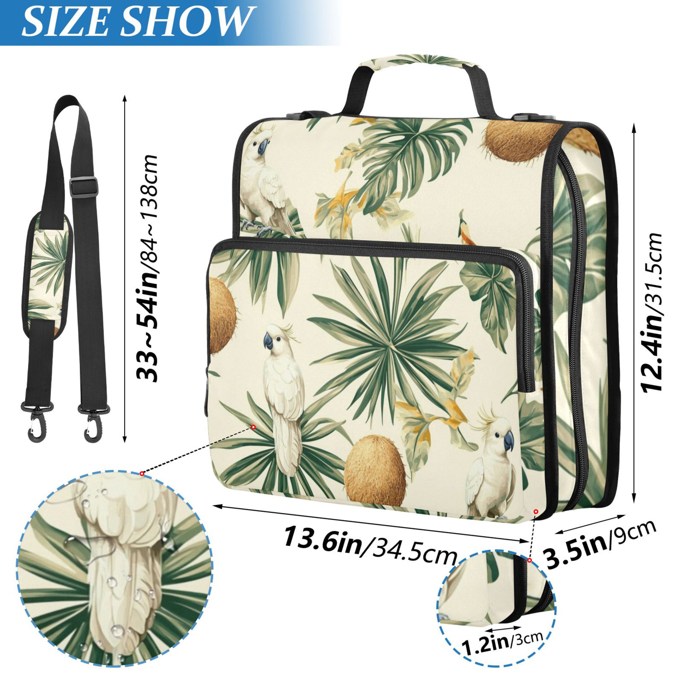 3 Ring Zipper Binder with Shoulder Strap Waterproof Trapper Keeper 2 Inch D-Ring 500 Sheets Capacity Cockatoos Coconuts Leaf