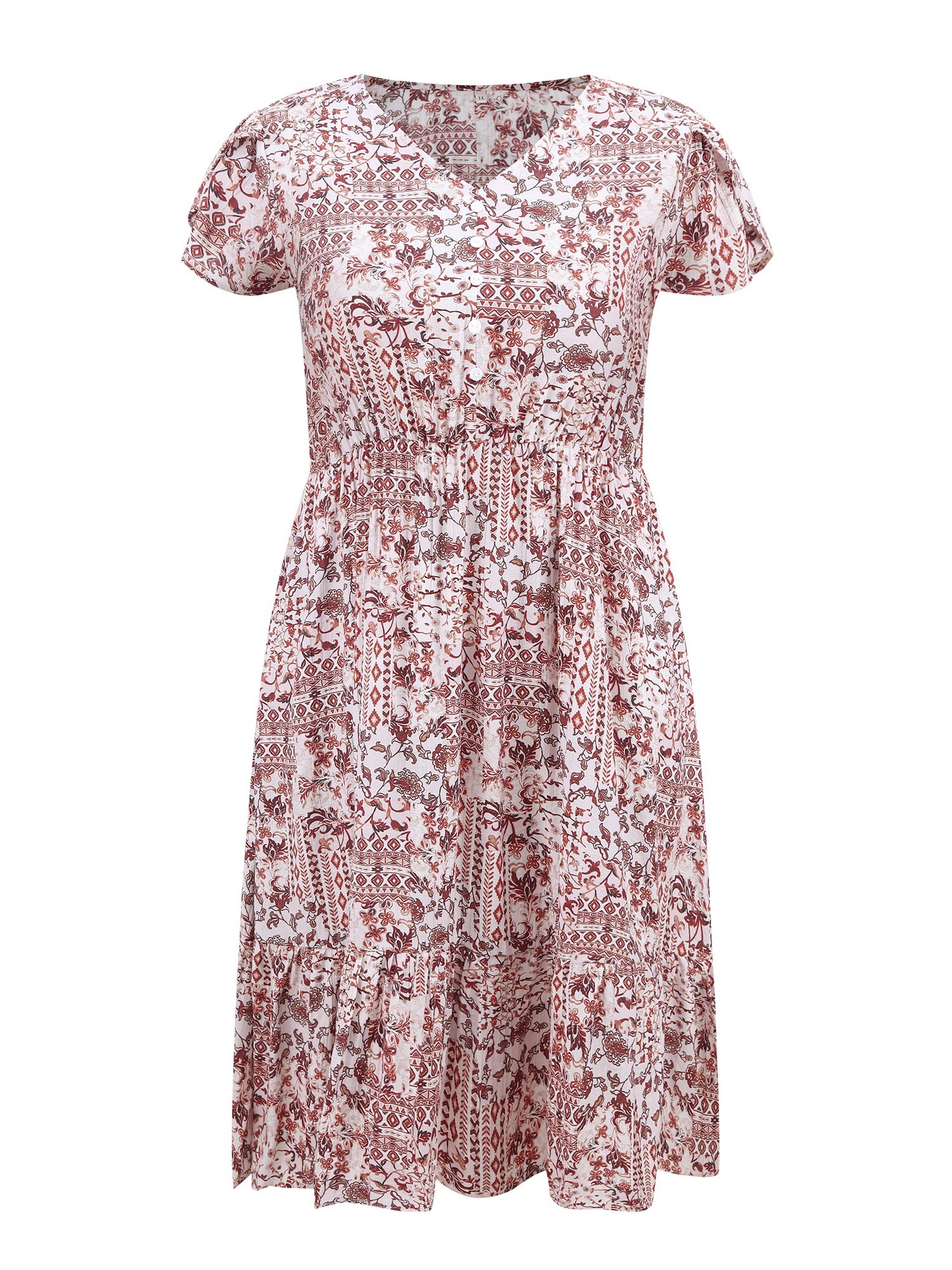 DARING DIVA Plus Size Boho Floral V Neck Cap Sleeve A Line Midi Dress 2X Brown Red