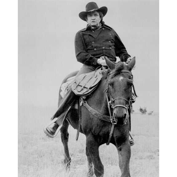 Johnny Cash in black western shirt and hat riding horse 1980's 11x17 Poster
