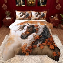 Feelyou Rustic Horse Teens Queen Comforter Set, Orange Fall Leaves Plant Bedding Sets, Kawaii Farm Animal Theme Reversible Bedding Comforter Set, Breathable Home Decor, 3-Piece
