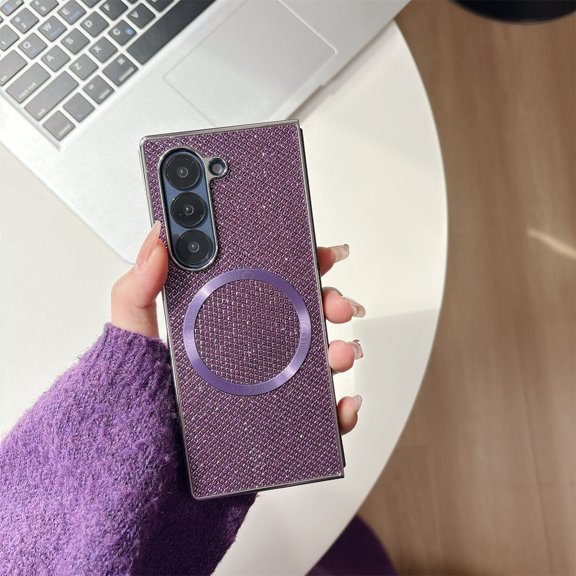 Magnetic for Samsung Galaxy Z Fold 7 Case, Glitter Bling Phone Case, Shockproof Sparkly Cute Women Girls Cover Support Wireless Charging for Samsung Galaxy Z Fold 7 Hinge Protection Case, Purple
