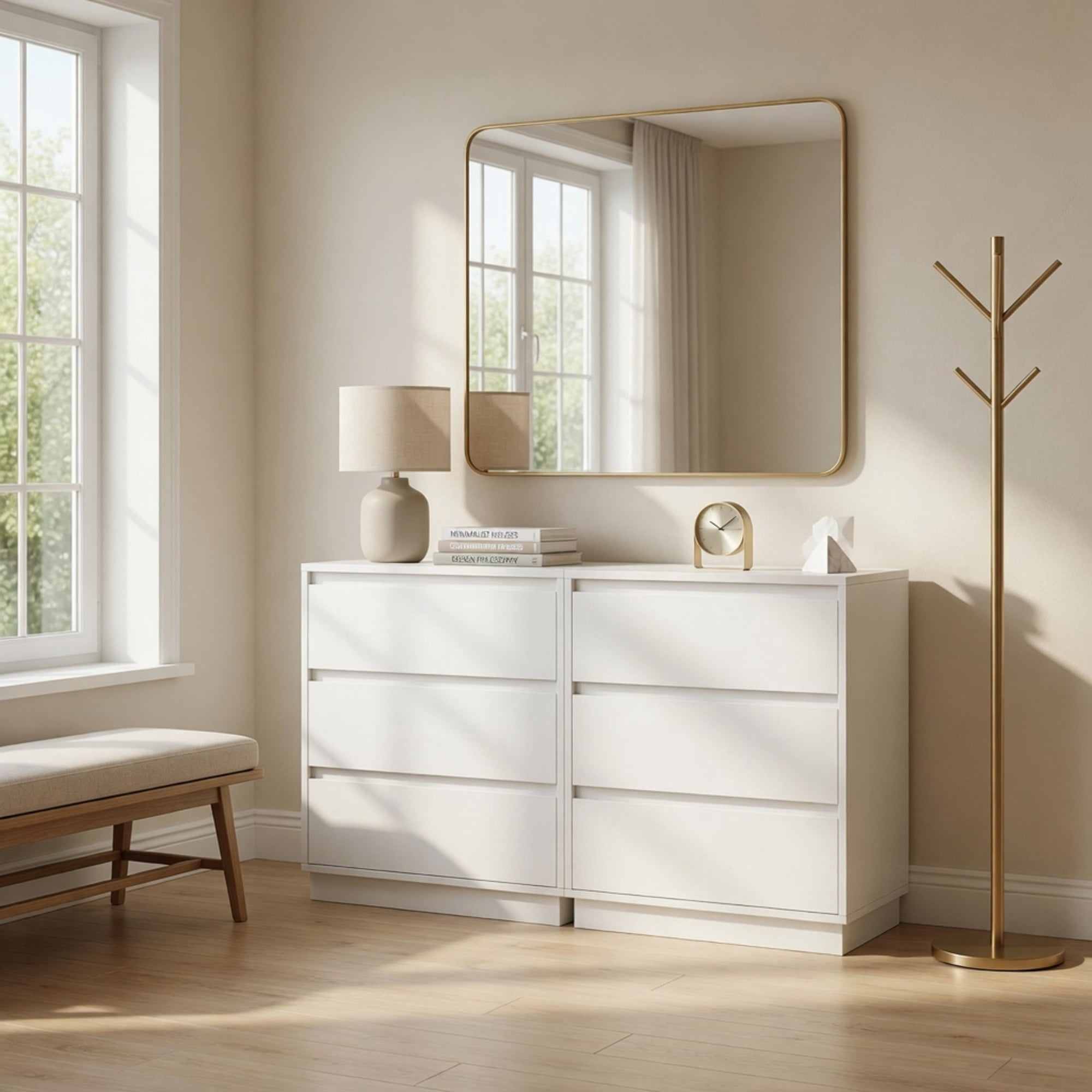 Set of 2, 23.6 Wide White Large Morden Wood Nightstand with 3 Drawers