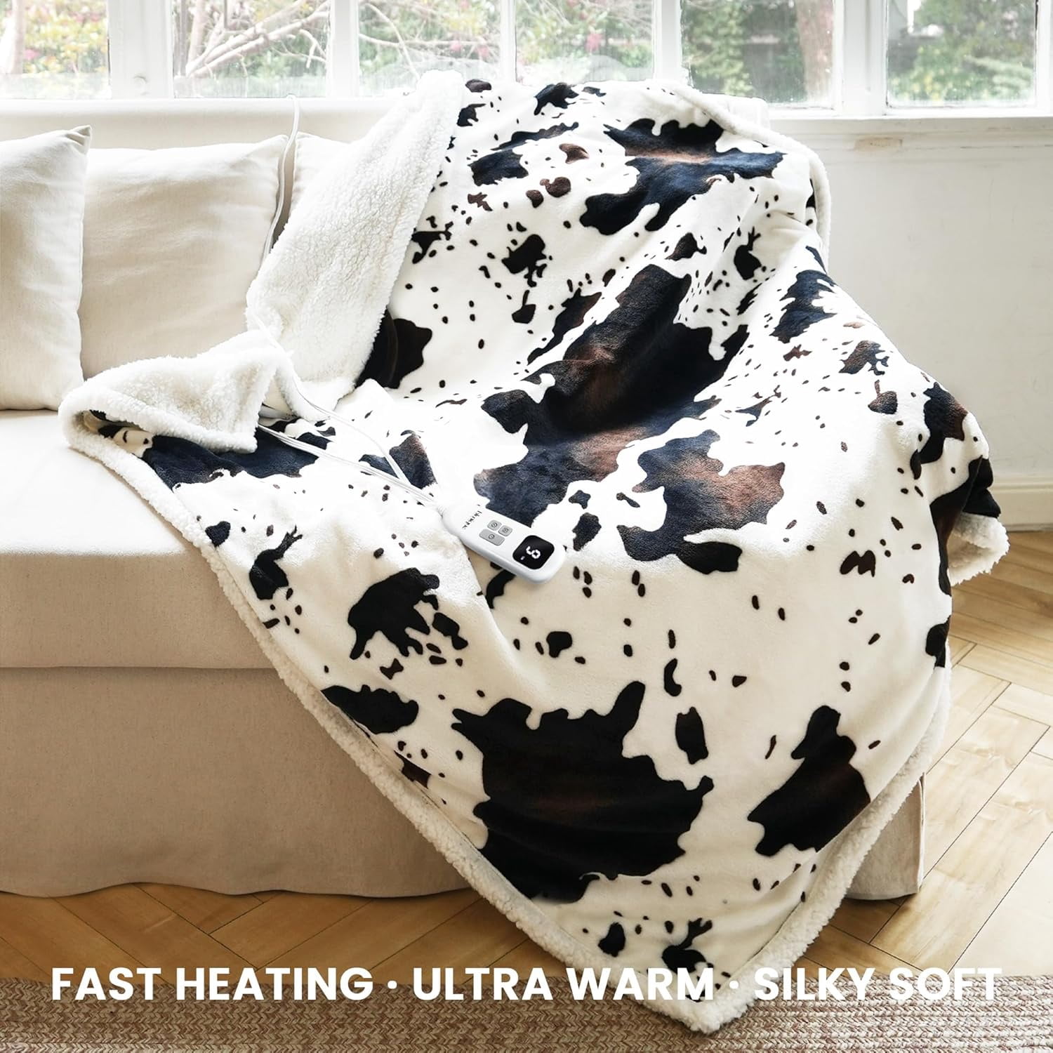 Cow Print Heated Throw Blanket Electric Blanket-Heating Blanket Throw with 10 Heat Levels & 10 Hours Auto Off, Cozy Soft Fleece Sherpa, Washable, 50 x 60 Inches Cow Print White
