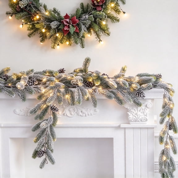 Snowy Flocked Pine Christmas Garland, 70.9 in Snow Dusted Artificial Greenery for Winter Wonderland Mantel and Staircase