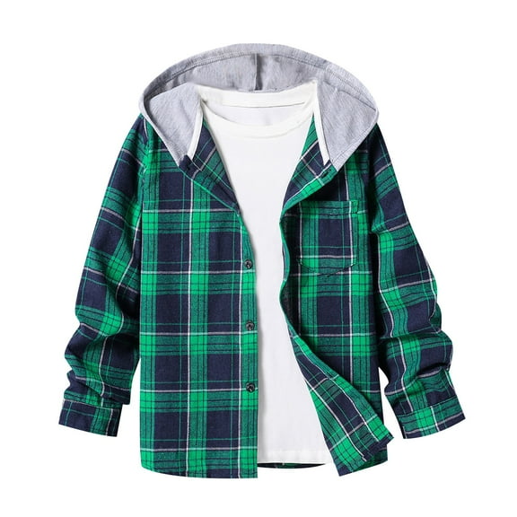 Cethrio Boys' Button Down Shirts, Hooded Casual Cotton Fashion Long Sleeve Shirts Green Size 14