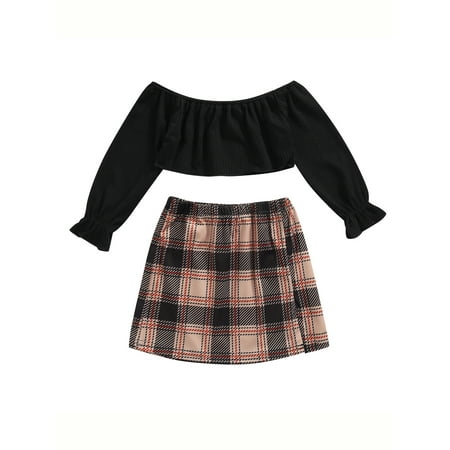 

LisenraIn 2 Pcs Toddler Casual Outfits Girls Off shoulder Solid Color Long Sleeve Crop Tops Slit Plaid Skirt