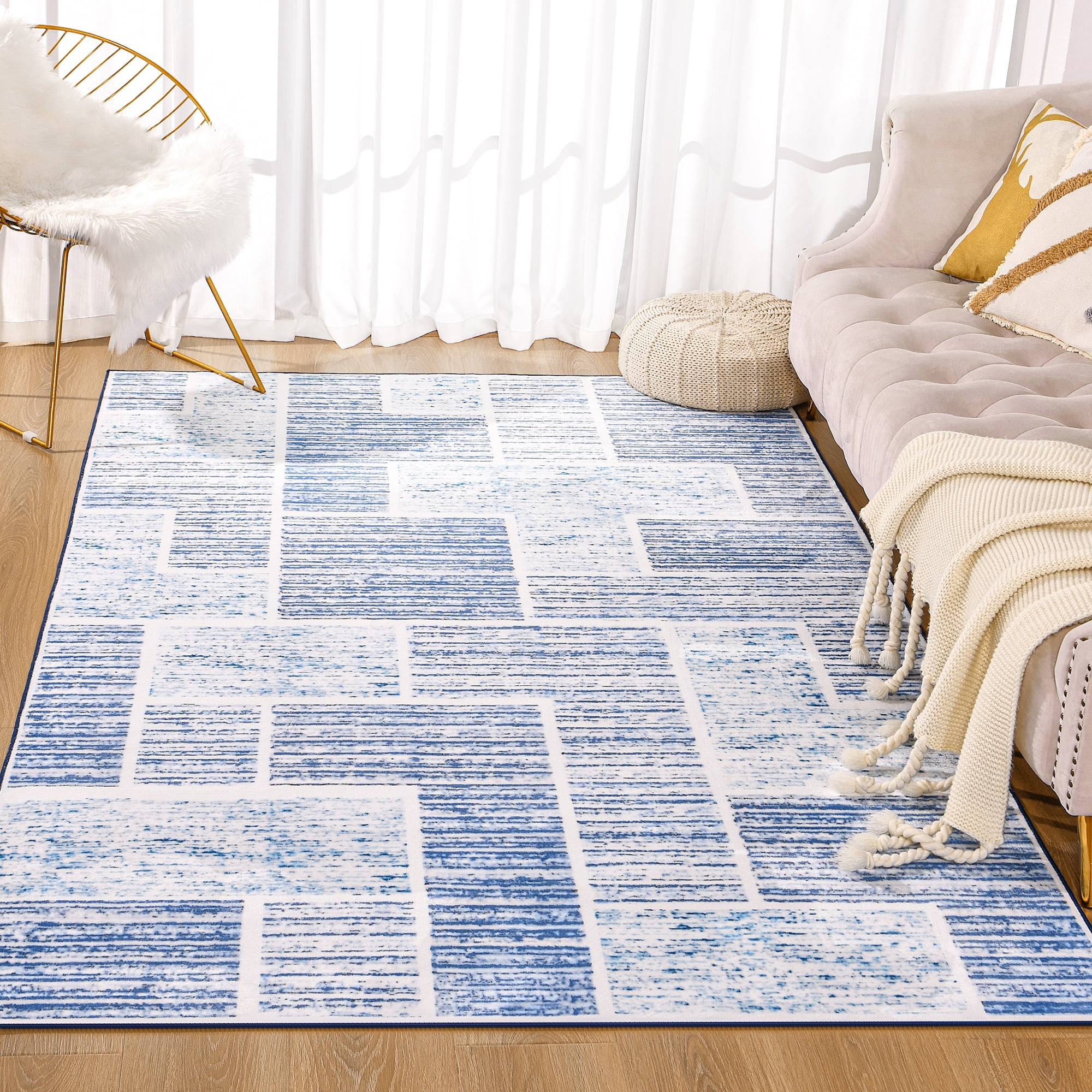 YJ.GWL Soft Retro Rugs Fluffy Modern Area Rug Carpet for Living Room Bedroom Home Decor Floor Mat,5'x8',Blue