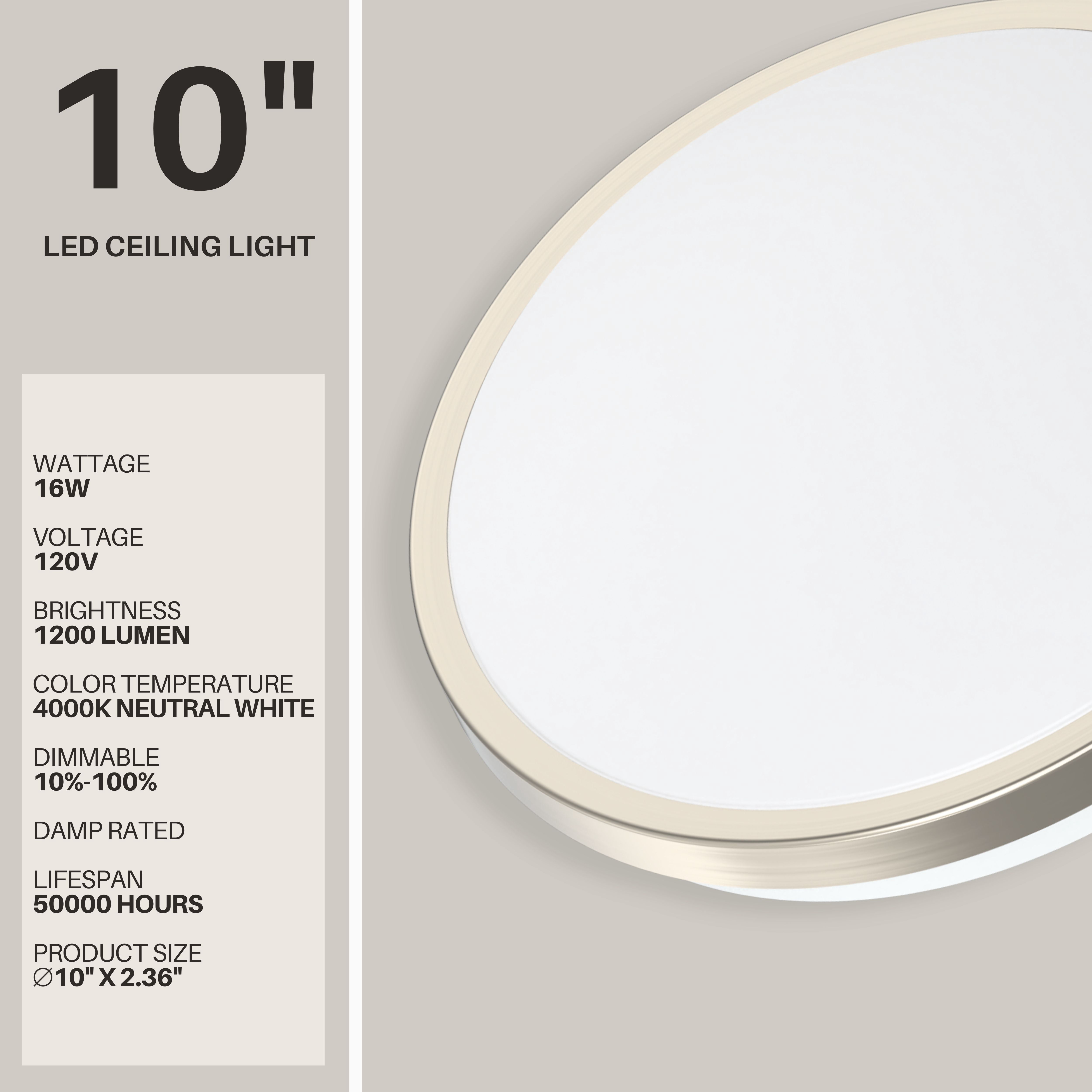 DYMOND LED Ceiling Light Flush Mount 10 Inches 4000K Natural Daylight Ceiling Light Fixture Dimmable for Bathroom, Kitchen, Laundry Room