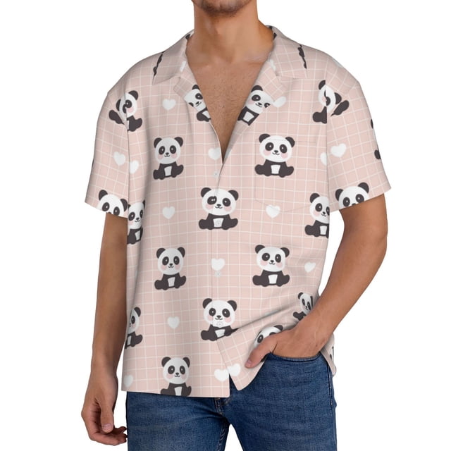 Fotbe Cute Panda Camisa Estampada de Manga Corta para Hombre, Casual de Verano, Estilo Playero, Sin Arrugas-Small