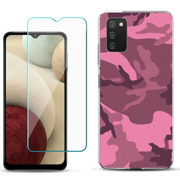 Slim-Fit TPU Phone Case Compatible with Samsung Galaxy A02s, with Tempered Glass Screen Protector, by OneToughShield ® - Camo Pink
