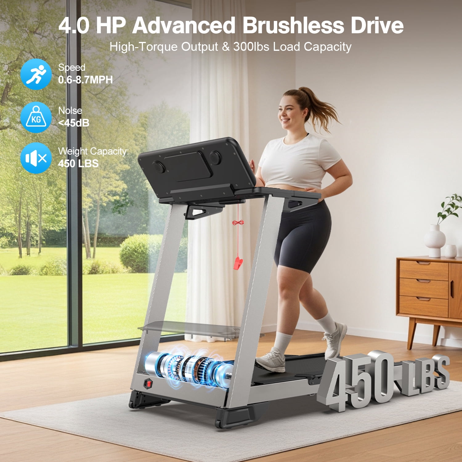 YZRUN Treadmills for Home with Incline, 4 HP Foldable Treadmill with Extra-large 20"x 45" Running Area, 450LBS Capacity, 10 MPH Speed, Bluetooth App and Speaker