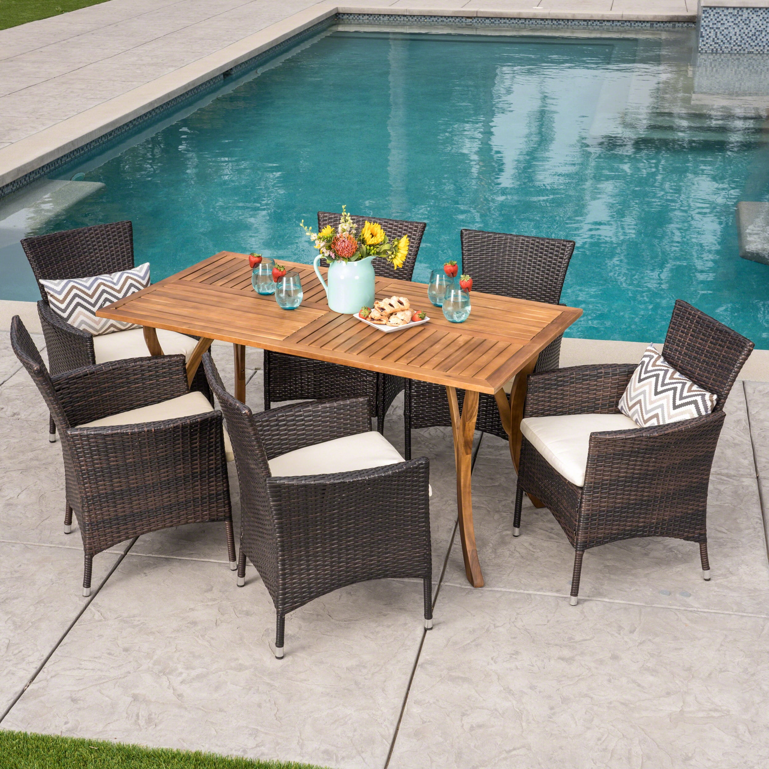Outdoor 7 Piece Acacia Wood Wicker Dining Set with Cushions, Beige, Multibrown, Teak