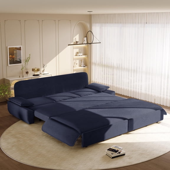 94.5" King Size 3-in-1 Convertible Sleeper Sofa Bed, Pull Out Corduroy Sofa, Multi-functional Blue Couch, Chaise Lounge for Living Room & Bedroom