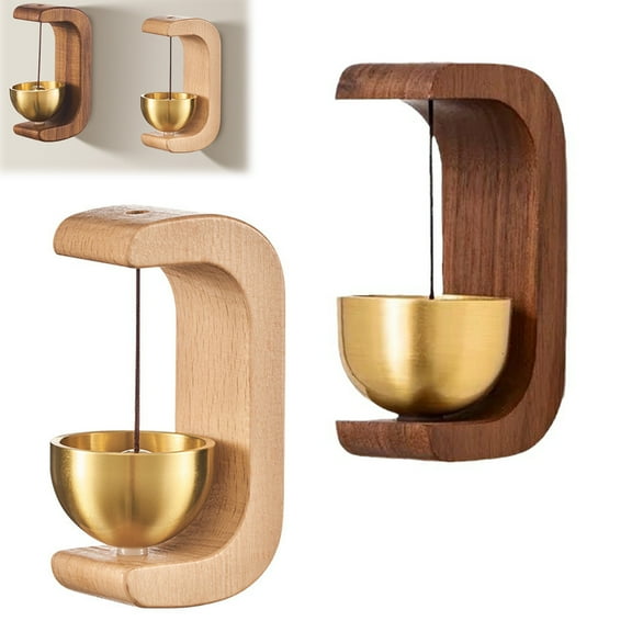 Chagetd Magnetic Brass Shopkeepers Bell Solid Wood Suction Door Type Wind Chime C-Shaped Door Chime No Drill Installation for Metal Doors Housewarming Gift