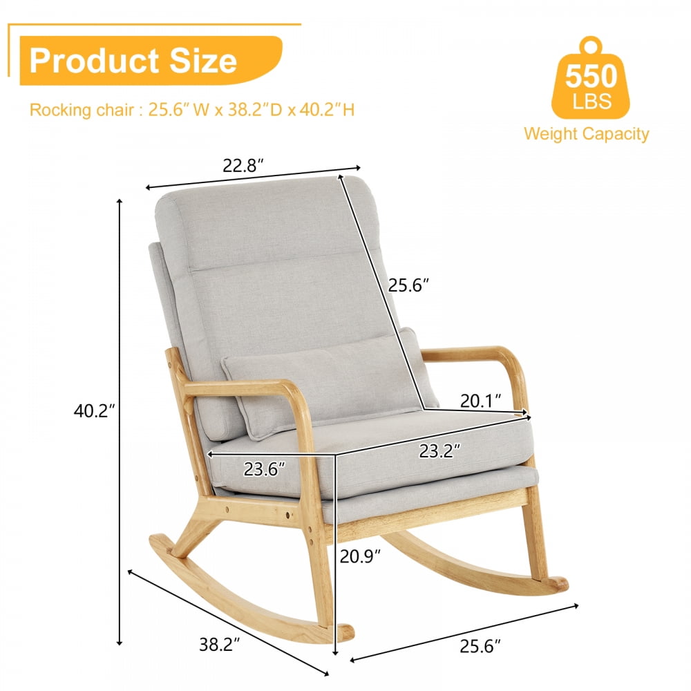 Nursery Rocking Chair Upholstered Chair with Linen Padded Seat & High Back Belt Waist Pillow, Accent Chair Padded Seat Armchair Comfy Side Chair Single Sofa Old Man Chair, Gray