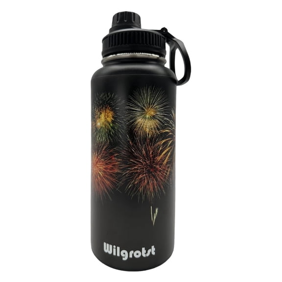 32 oz Insulated Water Bottles, Wide Mouth Bottle with Straw, Double Walled Stainless Steel Water Flask with 3 Lids & Handle for Outdoor Camping, Cycling, Gift Box, Fireworks