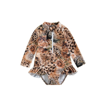

Children Swimwear Flower Leopard Print Long Sleeve Swimsuit Summer Bikini Kids Ruffle Beachwear
