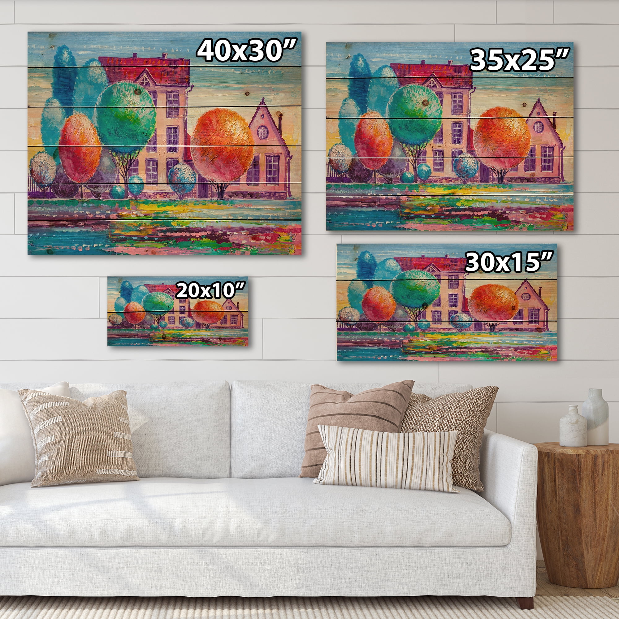 Designart 'Abstract Daydream House In The VIllage' Traditional Print on Natural Pine Wood