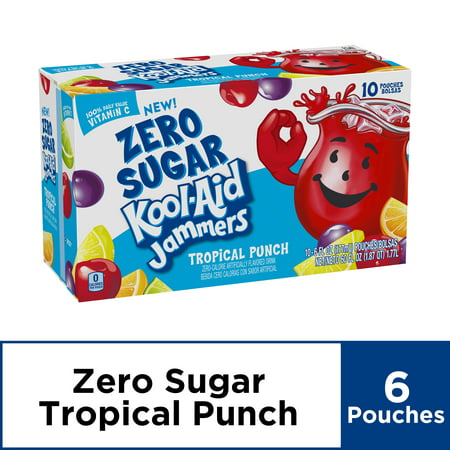 Kool-Aid Jammers Flavored Drink, Zero Sugar Tropical Punch, 10 ct - Pouches, 60.0 fl oz