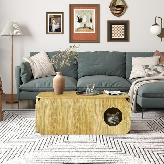 39" Coffee Table, Country Style Natural Center Table with Arched Cutouts and 4 Concave Corners, Rectangle Solid Wood Rustic Tea Table for Living Room, Apartment