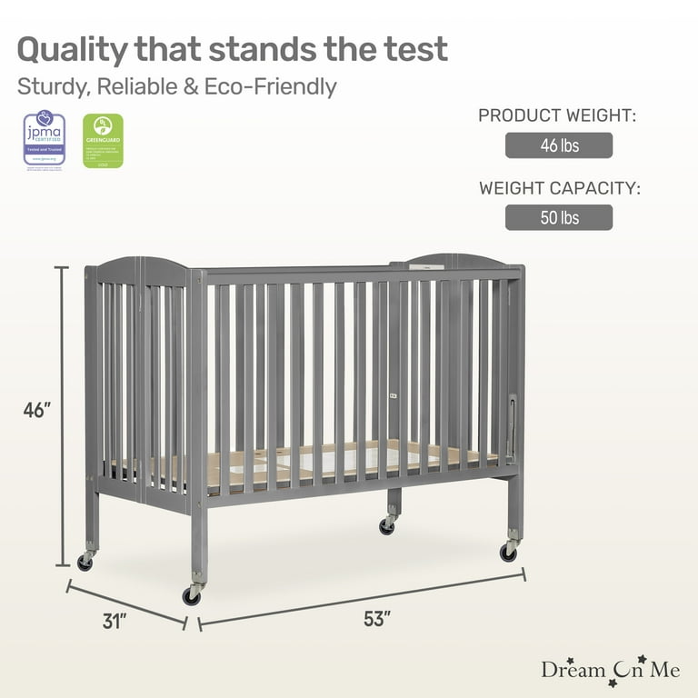 Dream On Me Full Size Folding Crib in Steel Grey with Locking