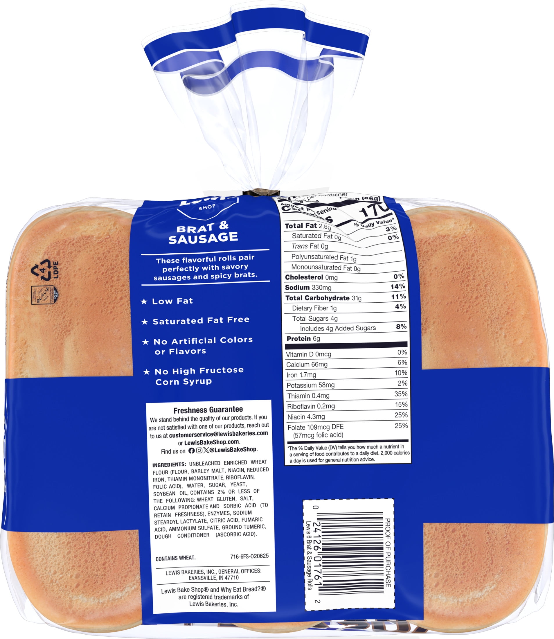 Lewis Bake Shop White Brat & Sausage Rolls, 14 oz, 6 Count