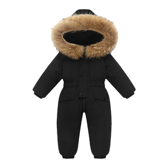 KAUOD Toddler One Piece Snowsuits Faux-F𝐮r Hood Winter Snow Suits Jumpsuits Kids Baby Thick Warm Waterproof Ski Suits