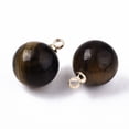 thumbnail image 2 of Natural Tiger Eye Charms with Golden Plated Brass Loops Round 14x10.5mm Hole: 1.5mm, 2 of 2