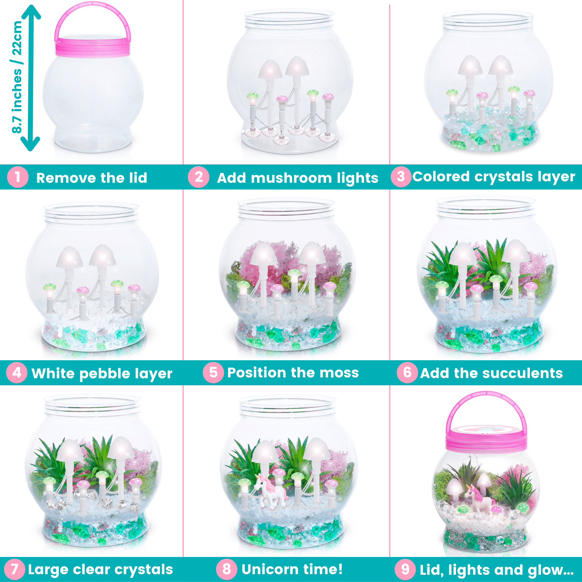 Amitie Lane DIY Itsy Unicorn Terrarium, LED Mushroom Lights, Arts & Craft, Girls Ages 6+