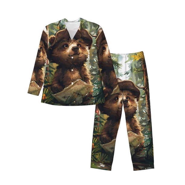 Balery Jungle Hat Bear Pijama para Hombre de Dos Piezas con Manga Larga, Conjunto de Dormir y Descanso Suave con Bolsillos-XX-Large