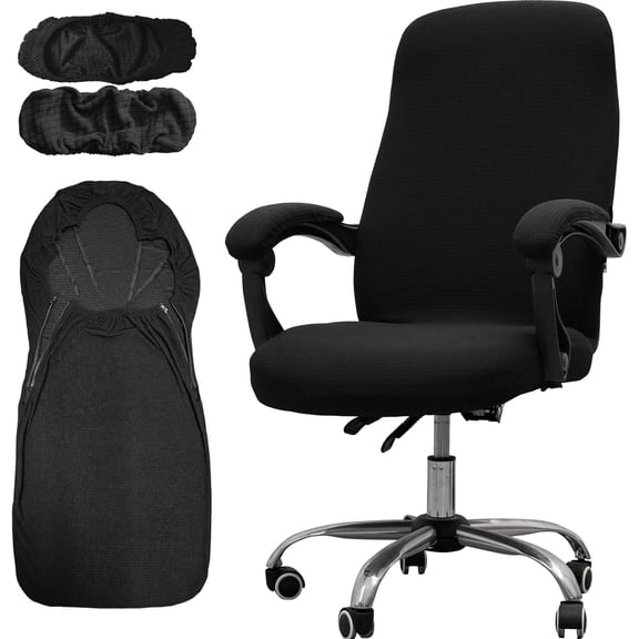 Office Chair Cover with Armrest Covers, Universal Stretch Desk Chair Cover, Computer Chair Slipcovers (Size: L) - Black